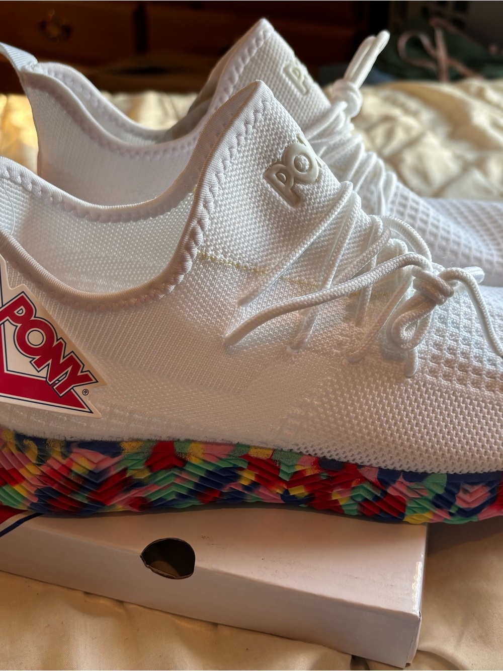 Men’s Size 8 PONY' White Knit Sneakers with Colorful Multicolor Sole